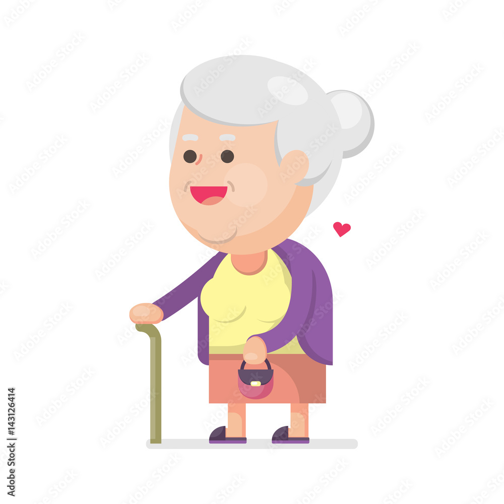 Happy cute old woman with bag, Grandmother with walking stick Portrait, Vector illustration. Happy cute old woman with bag, Grandmother with walking stick Portrait, Vector illustration.