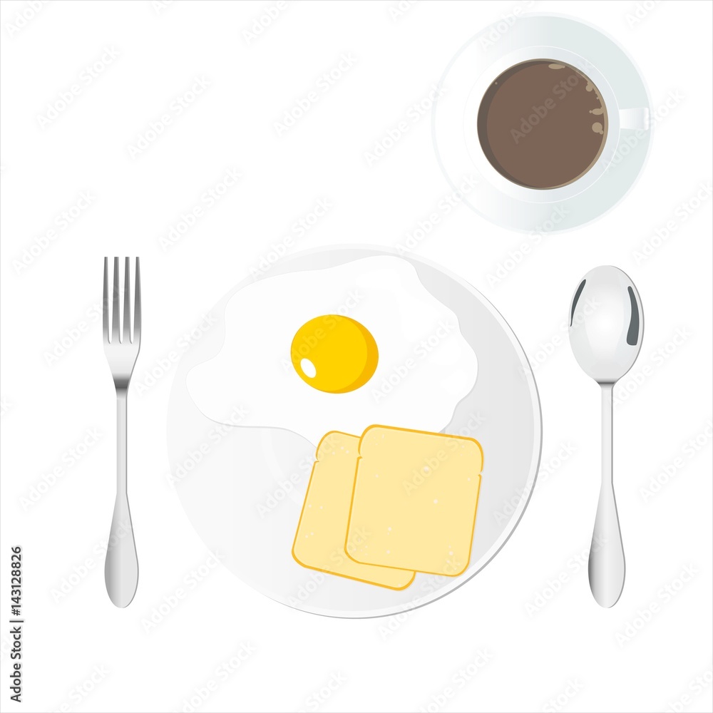 Breakfast at morning include fork, spoon, fried egg, coffee cup and breads. Breakfast at morning include fork, spoon, fried egg, coffee cup and breads.