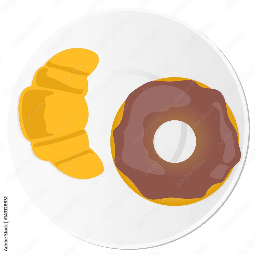 Breakfast at morning include croissant and chocolate donut Breakfast at morning include croissant and chocolate donut