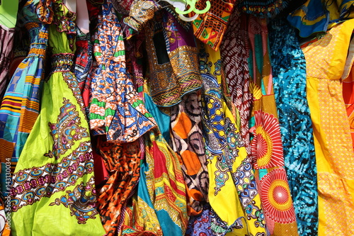 Traditional African Textiles / Beautiful decorated stalls offer colorful African Textiles in Lomé, Togo, West Africa. 