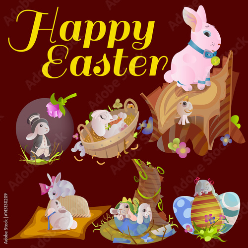 Fototapeta Naklejka Na Ścianę i Meble -  Set of easter chocolate egg hunt bunny basket on green grass decorated flowers, rabbit funny ears, happy spring holiday tradition greeting card or banner collection vector illustration background1