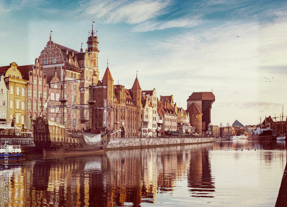 Cityscape of Gdansk in Poland,Stylized photo on old, retro, vintage