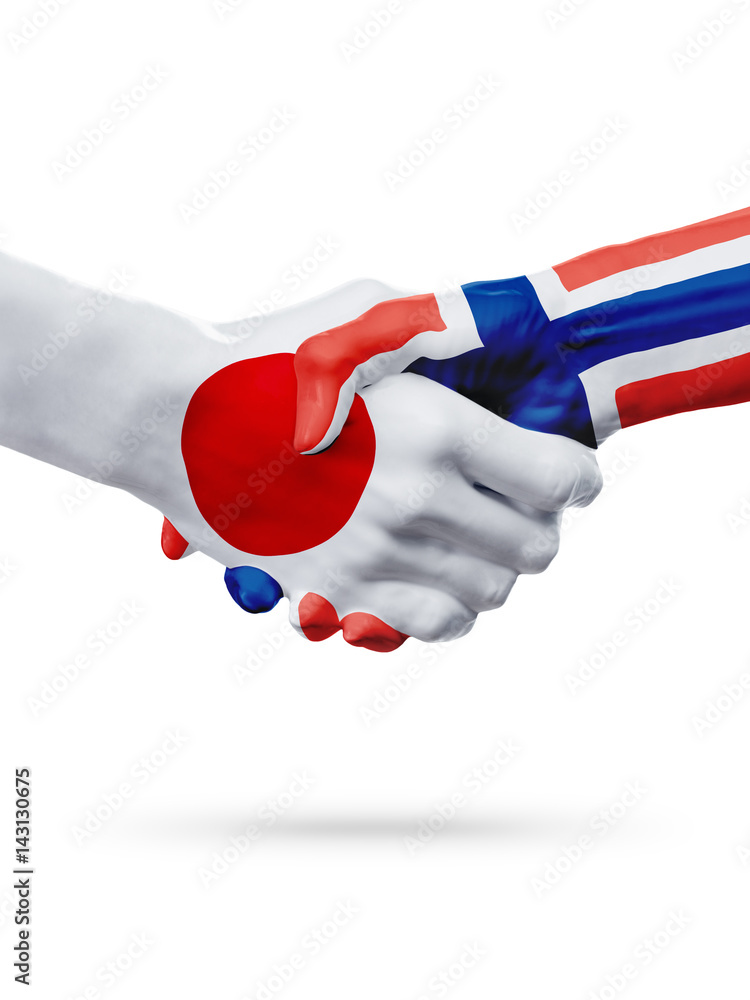 Flags Japan, Norway countries, partnership friendship handshake concept. Flags Japan, Norway countries, partnership friendship handshake concept.