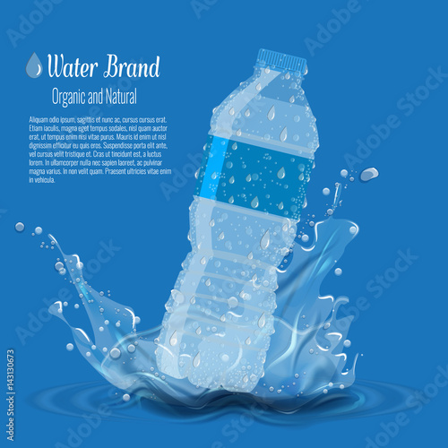 Bottle with clean pure water with water splash. Advertisement template vector
