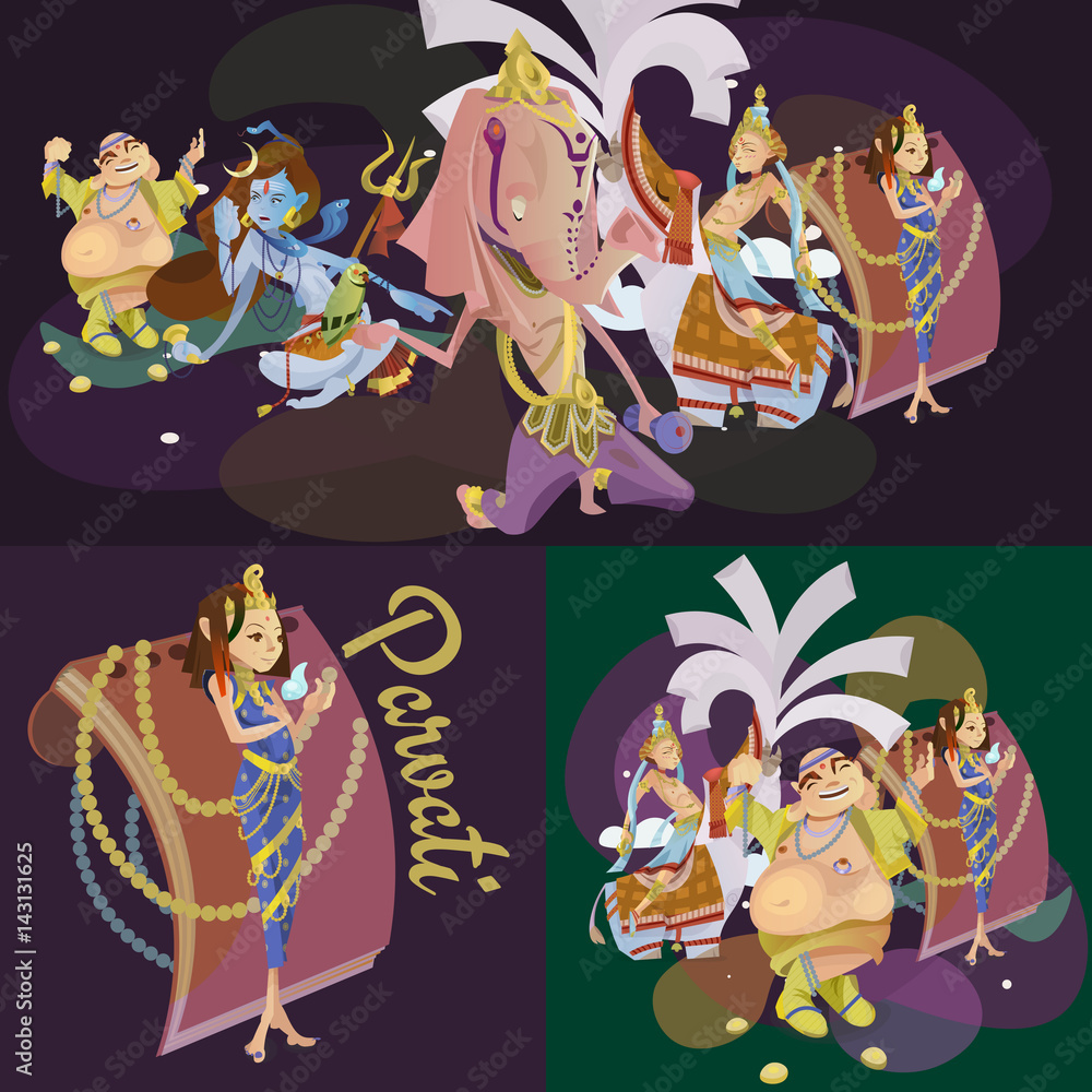Naklejka premium Set of isolated hindu gods meditation in yoga poses lotus and Goddess hinduism religion, traditional asian culture spiritual mythology, deity worship festival vector illustrations, T-shirt concepts