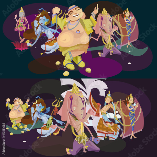 Set of isolated Indian Gods meditation in yoga poses lotus and Goddess hinduism religion, traditional asian culture spiritual mythology, deity worship festival vector illustrations, T-shirt concepts