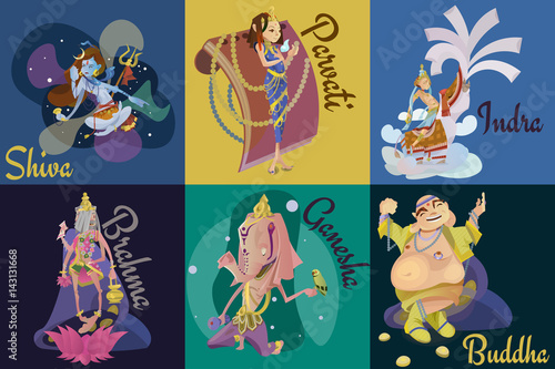 Set of isolated Indian Gods meditation in yoga poses lotus and Goddess hinduism religion, traditional asian culture spiritual mythology, deity worship festival vector illustrations, T-shirt concepts