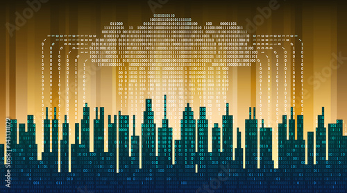 Binary rain in digital abstract city, the flow of data with the cloud, high-tech background