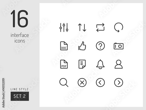 Set 2 of interface icons on the white background. Universal linear icons to use in web and mobile app.