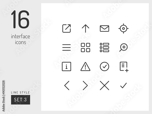 Set 1 of interface icons on the white background. Universal linear icons to use in web and mobile app.