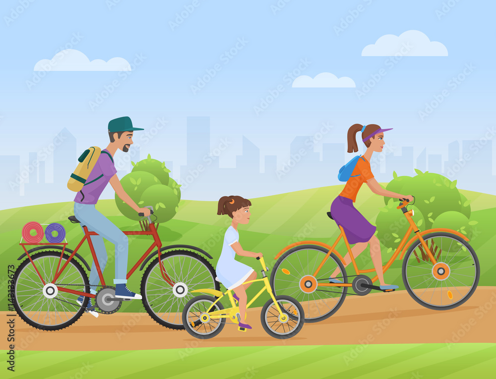 Young family with girl kid riding a bikes on the park road. Famlly cyclists bicycle Vector illustration.