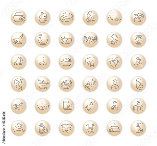 Vector graphic set.Icons in flat, contour,thin and linear design.Spa treatment.Alternative medicine.Simple isolated icon on white background.Concept illustration for Web site, app.Sign,symbol,element.