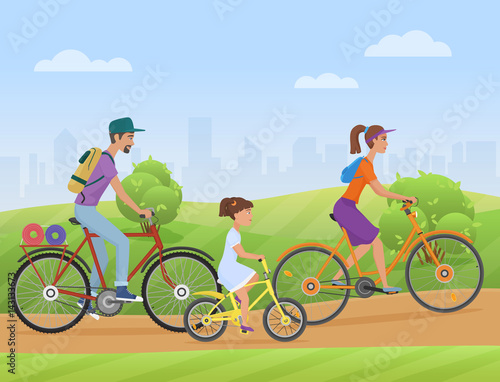 Young family with girl kid riding a bikes on the park road. Famlly cyclists bicycle Vector illustration.