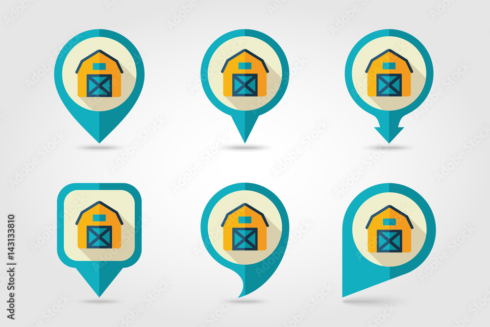 Barn house flat mapping pin icon with long shadow Barn house flat mapping pin icon with long shadow