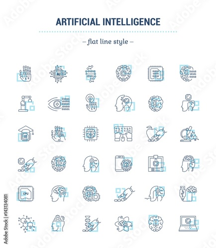 Vector graphic set. Icons in flat, contour, thin, minimal and linear design.Artificial Intelligence. Modern technology. Cyber brain.Concept illustration for Web site, app.Sign,symbol,element.