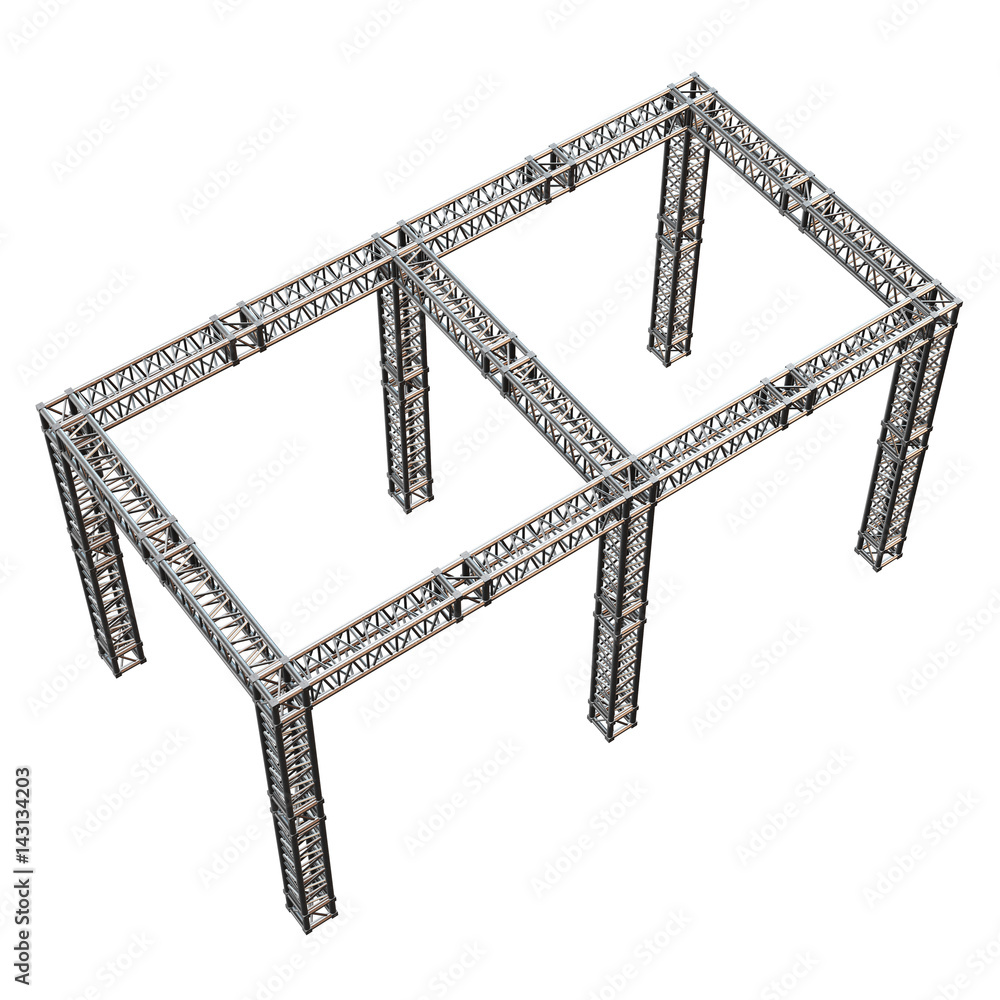 Steel truss girder rooftop construction. 3d render isolated on white