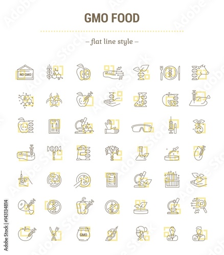 Vector graphic set. Icons in flat, contour, thin, minimal and linear design.Gmo food. Genetically modified food product.Modern technology.Concept illustration for Web site, app.Sign,symbol,element.