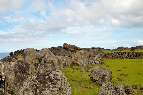 Long shot of fallen Moai in Easter Island, Rapa Nui, Chile, South America