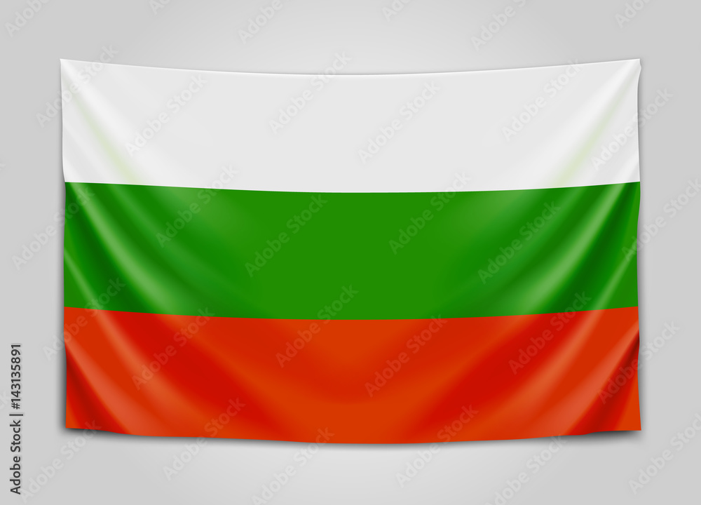 Fototapeta premium Hanging flag of Bulgaria. Republic of Bulgaria. National flag concept.