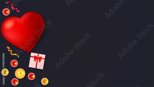 Romantic background, big red heart, burning candles, gift box with red bow and ribbon, colored serpentine, close-up on dark background. Template for greeting cards, invention or greetings 