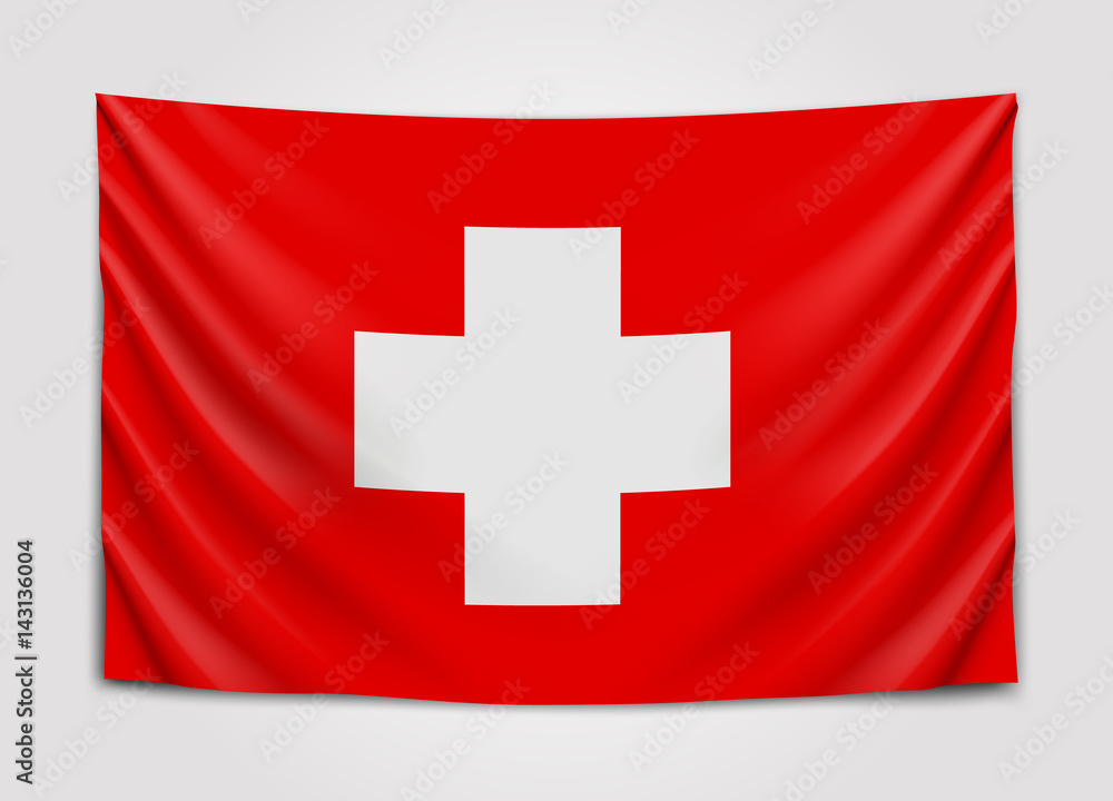 Hanging flag of Switzerland. Swiss Confederation. National flag concept. Hanging flag of Switzerland. Swiss Confederation. National flag concept.