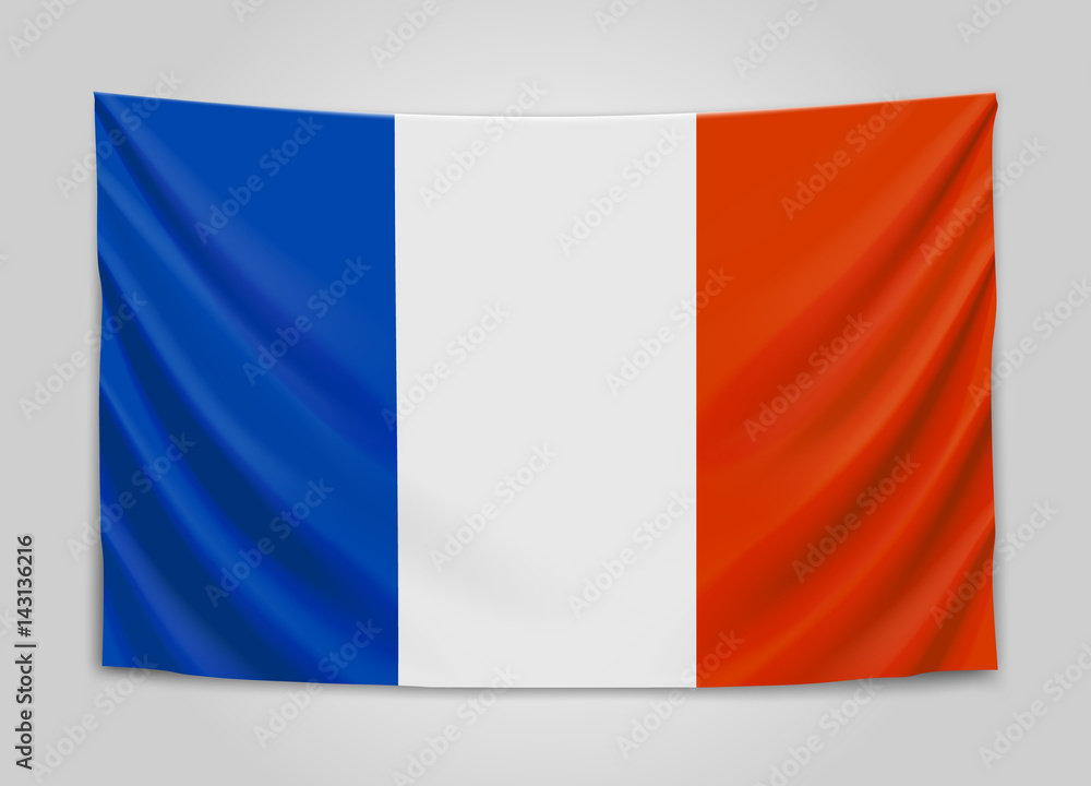 Hanging flag of France. French Republic. French national flag concept.