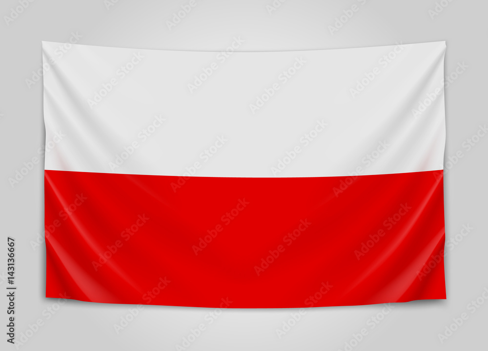 Hanging flag of Poland. Republic of Poland. Polish national flag concept.