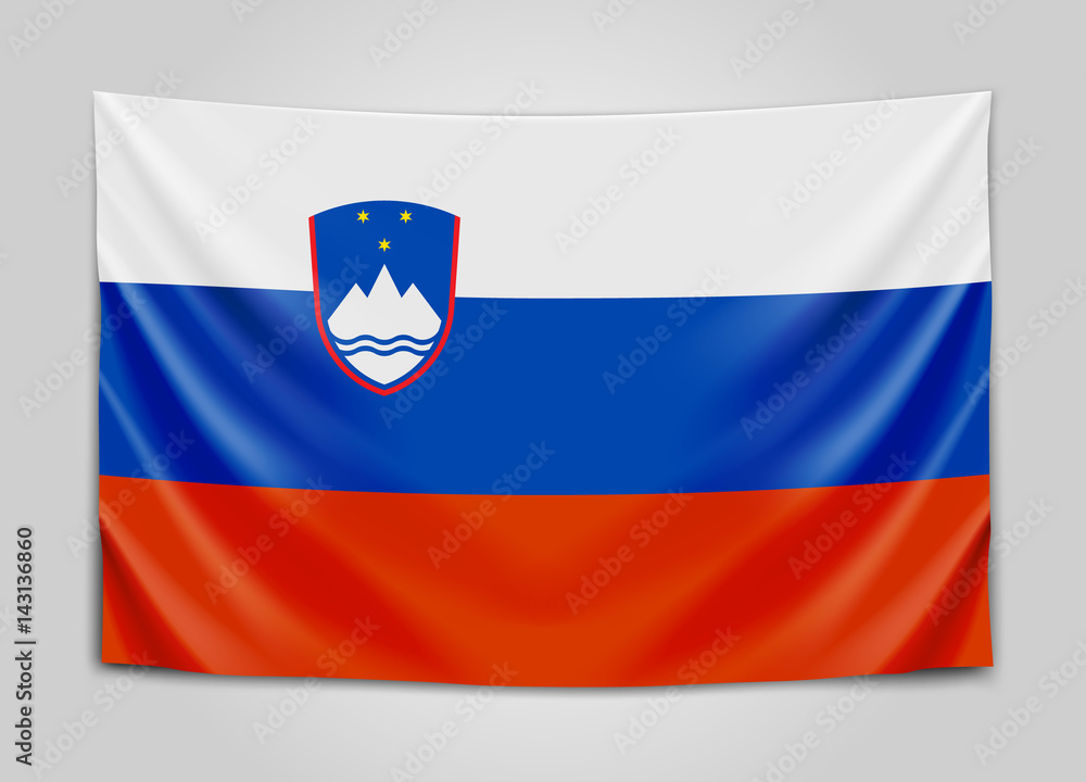 Hanging flag of Slovenia. Republic of Slovenia. National flag concept.