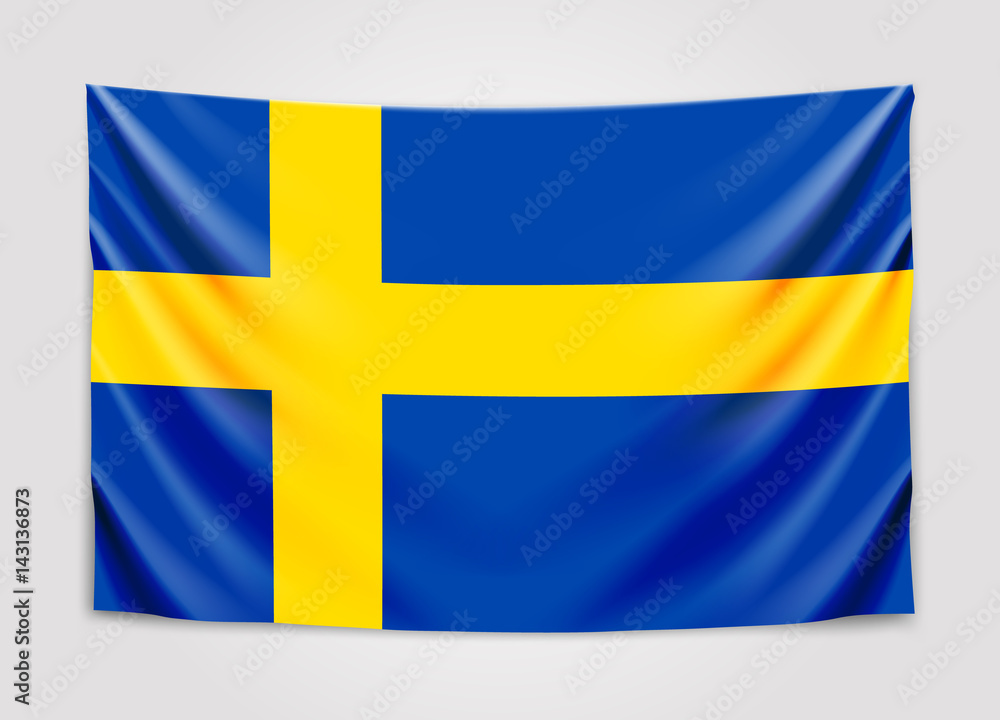 Hanging flag of Sweden. Kingdom of Sweden. National flag concept. Hanging flag of Sweden. Kingdom of Sweden. National flag concept.