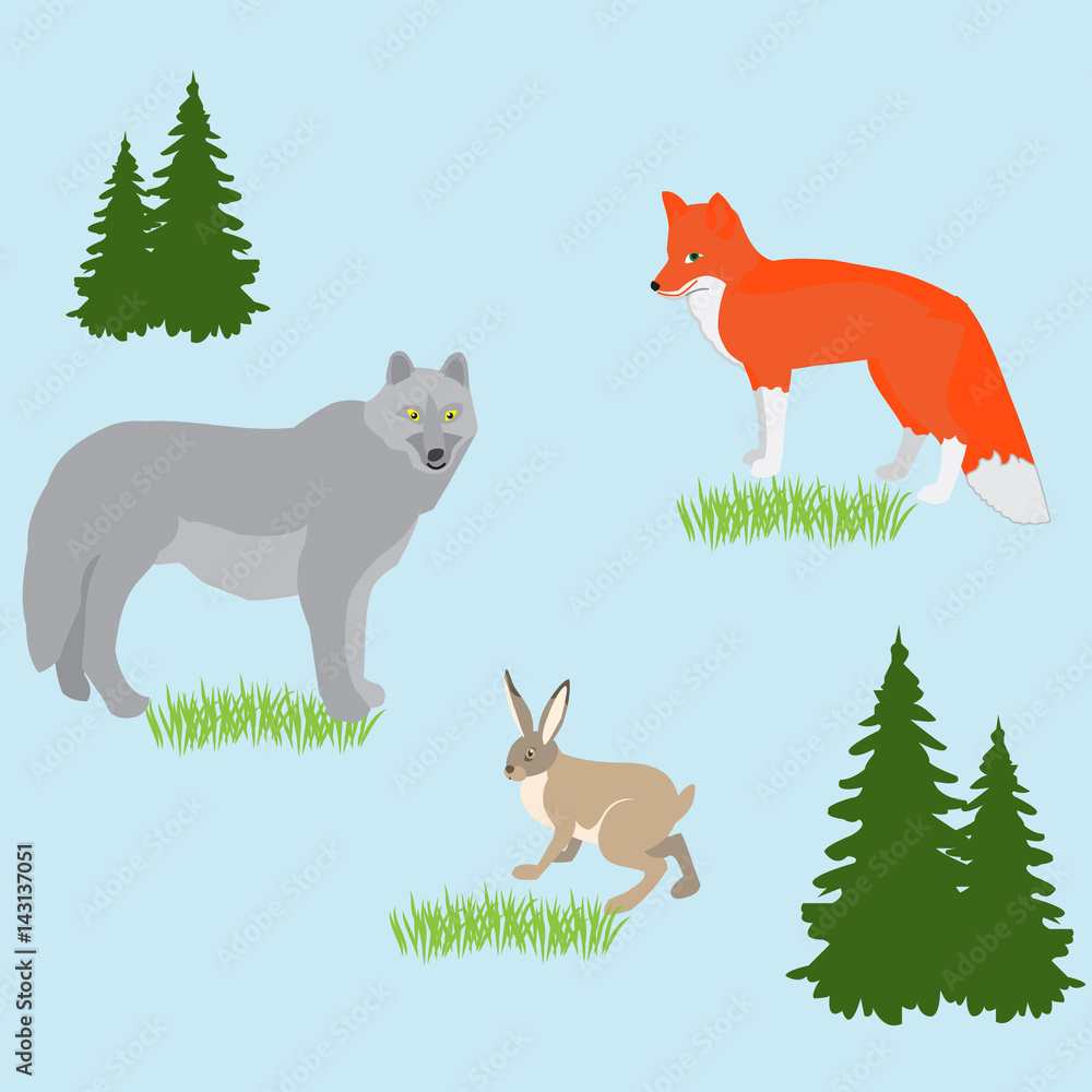 Fototapeta premium Vector concept with forest animals in the meadow with design elements - trees and grass. Isolated on a light background.