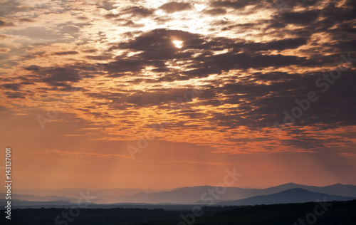 Beautiful red dawn with mountains. Photographed in the town of Berehove. Ukraine.