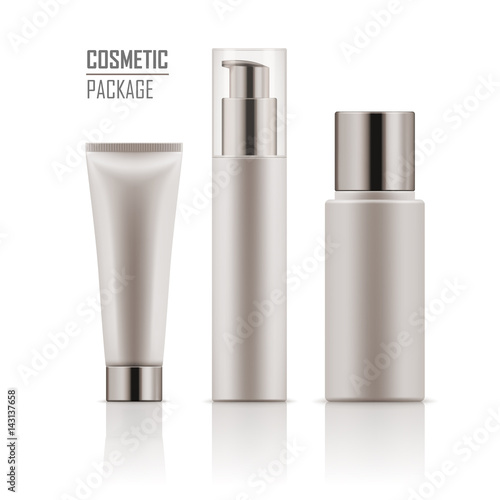 Set of blank template of white plastic packages: tube with hand cream, container for liquid lotion, bottle with dispenser pump. Vector collection of empty realistic mockup for cosmetic products.