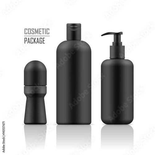 Set of realistic black package for luxury cosmetic product. Collection of blank template of plastic containers: deodorant, shampoo, body cream bottle with pump. Vector mockup on white background.