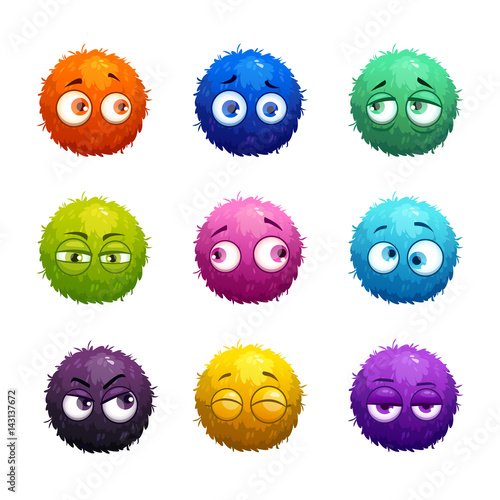 Funny cartoon colorful shaggy balls with eyes.