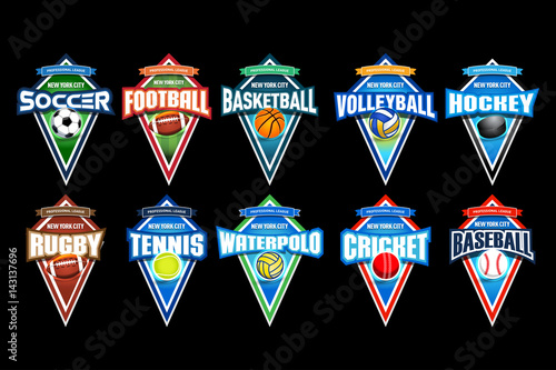 Mega set of colorful sports logos soccer, football, basketball, volleyball, hockey, rugby, tennis, waterpolo, cricket, baseball. Vector abstract isolated illustration on black background.