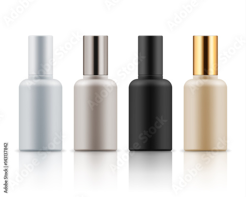 Collection of cosmetic bottles for lotion, cream in four colors, mockup for brand name text or ads, 3D realistic illustration, isolated on white background. Beauty, medicine, healthcare concept