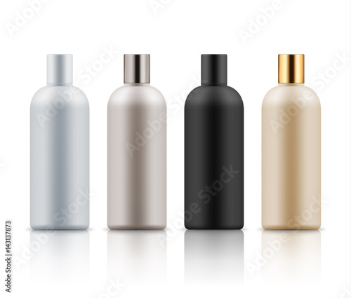 Blank templates of realistic plastic bottles for hair shampoo, milk, gel or body lotion. Container for liquid cosmetic product. White, black, beige and golden package. Illustration isolated on white.