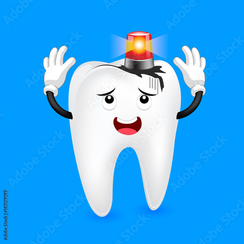 Decayed tooth with siren character. Dental care concept,  Illustration isolated on blue background.