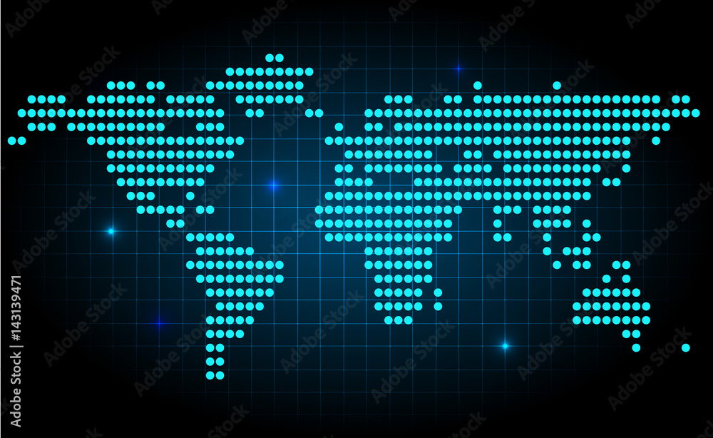Futuristic world map made with dots, with spot lights on dark background Futuristic world map made with dots, with spot lights on dark background