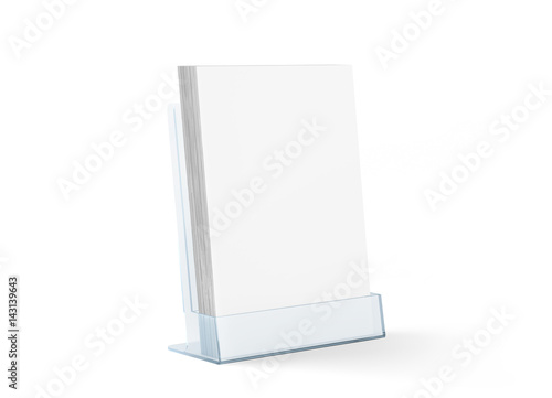 Blank flyer mockup glass plastic transparent holder isolated, 3d rendering. Plain flier stand in plexiglass tray. Clear brochure holding in acrylic pocket. Empty booklet mock up design presentation.