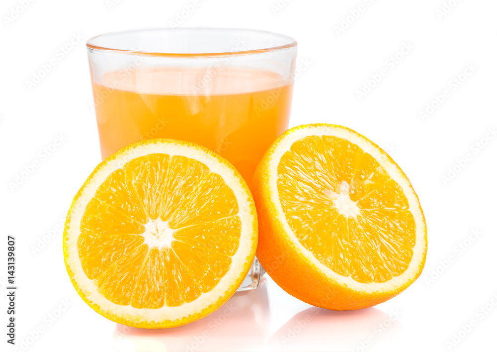 Orange juice. Isolated drink. A glass of orange juice and pieces of orange fruit isolated on white background. Citrus. Diet. Vitamins. Healthy food. Orange juice. Isolated drink. A glass of orange juice and pieces of orange fruit isolated on white background. Citrus. Diet. Vitamins. Healthy food.