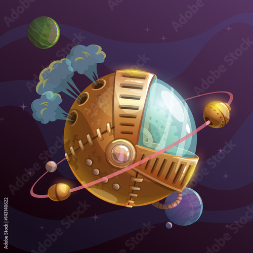 Fantasy steampunk planet on space background.