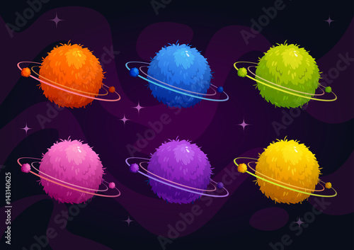 Funny cartoon fantasy furry planets set.