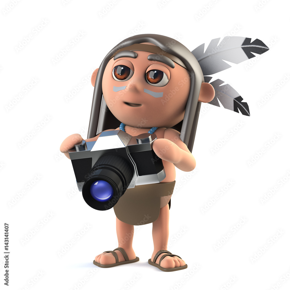 3d Funny cartoon Native American Indian boy character has a new camera  Stock Illustration | Adobe Stock