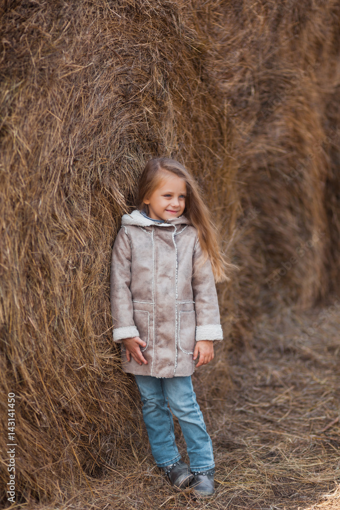Portrait of a small beautiful girl near the haystacks