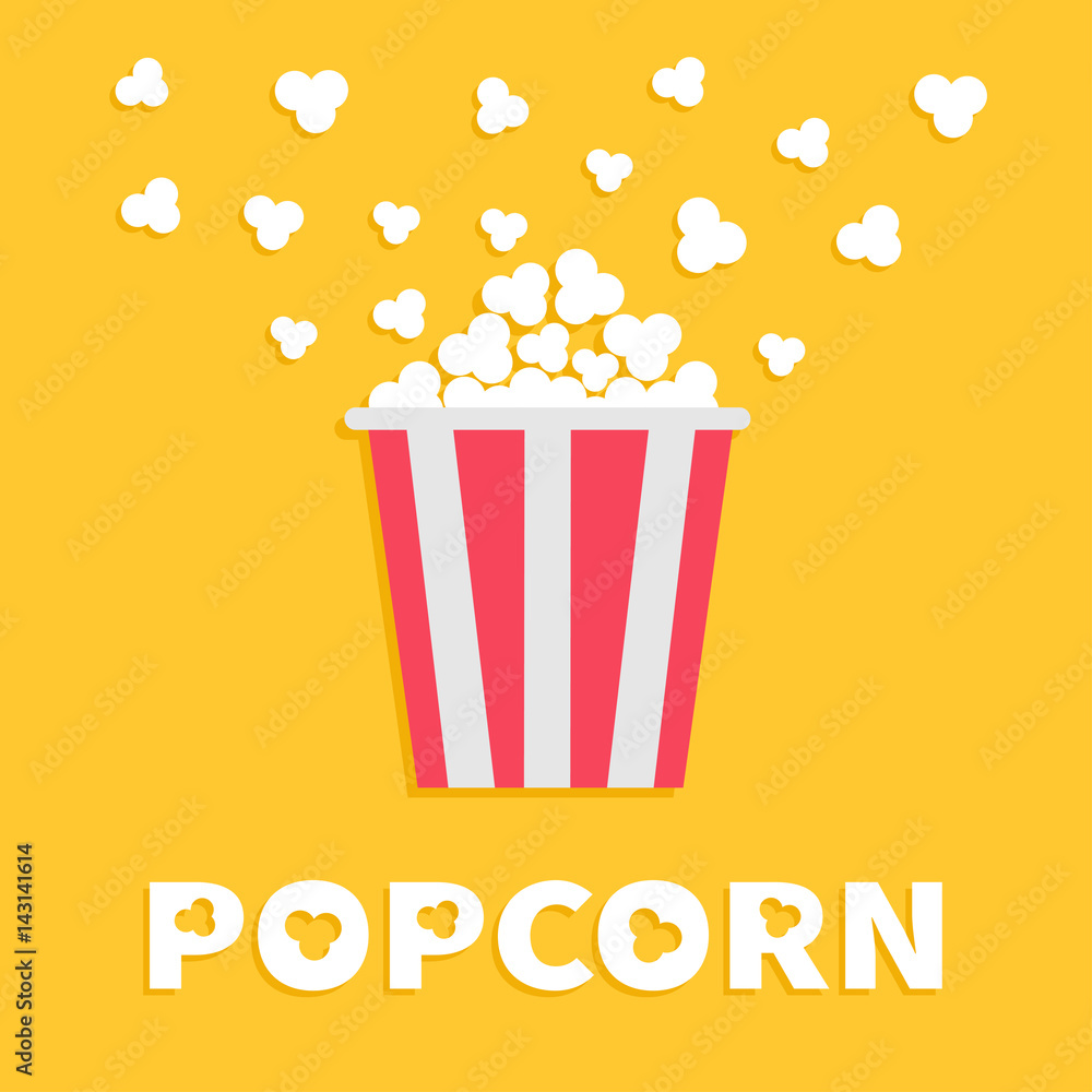 Popcorn popping. Red yellow strip box package. Fast food. Cinema movie night icon in flat design style. Yellow background with white text. Vector illustration