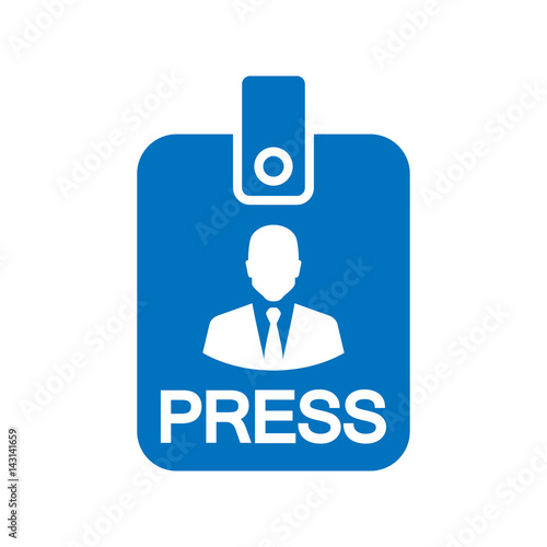 Icono plano acreditacion de prensa vertical azul en fondo blanco