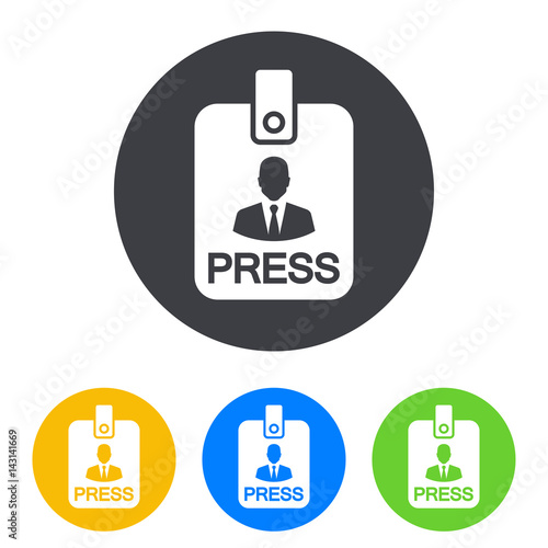 Icono plano acreditacion de prensa vertical en circulo varios colores