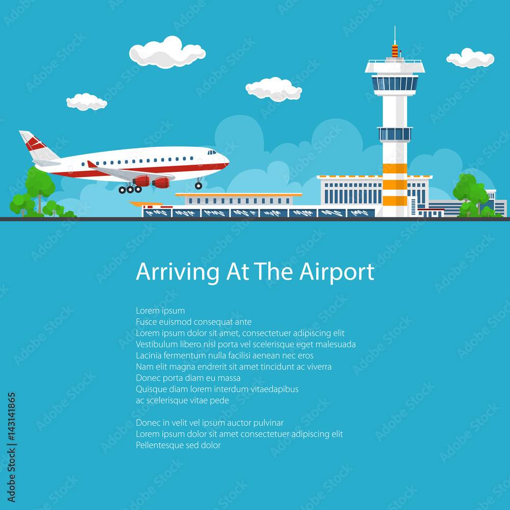 Poster Passenger Plane Arrives at the Airport ,the Plane Comes in to Land on the Background of the Control Tower, Brochure Flyer Design, Vector Illustration