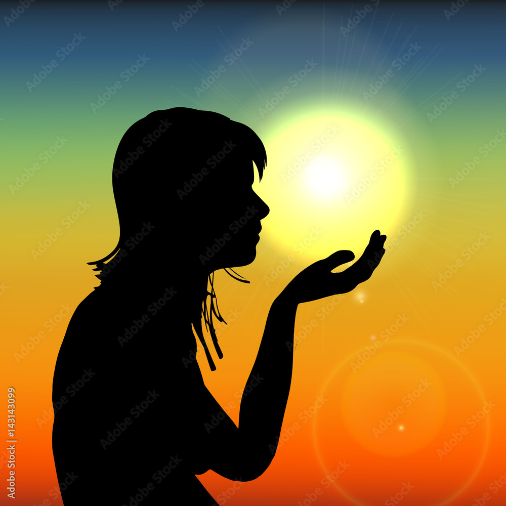 Silhouette woman on sunset holding sun in hand on sunset. Vector Stock ...